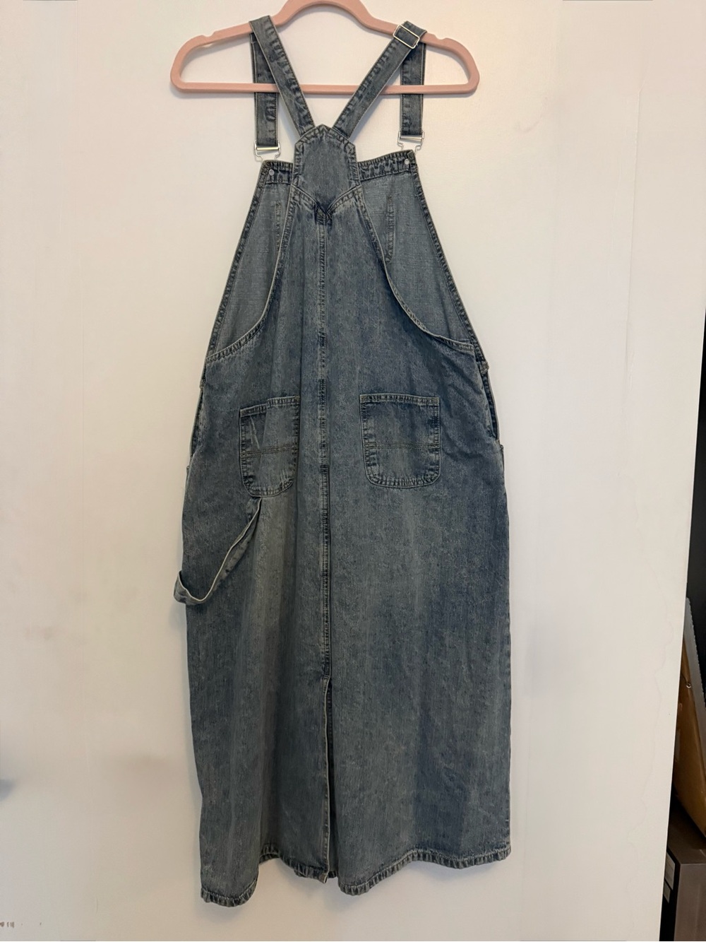 Women’s Distressed Denim Overall Jeans Skirt Dress - Light Blue Blue Wash L - Picture 5 of 5